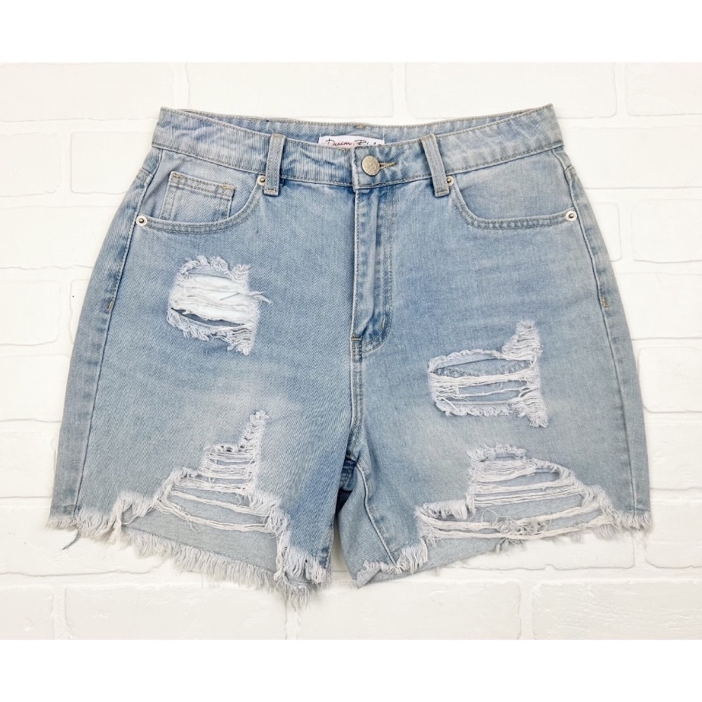 Denim Blvd High Rise Ripped Distressed Light Wash Denim Jean Shorts Size Small